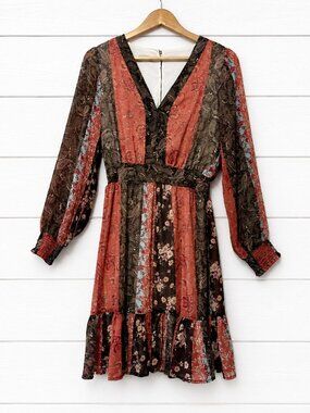 Dex Boho Paisley Floral Mini Dress Size Small Long Sleeve V Neck Cottagecore